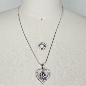 Silver Rhinestone Heart Snap Button Necklace With Rhinestone Snaps - Pink/Clear